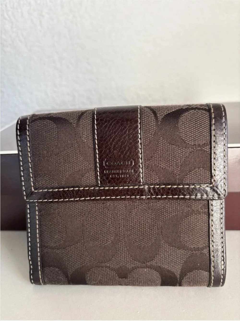 Vintage Coach Brand Brown Signature Canvas Wallet with Leather Trim